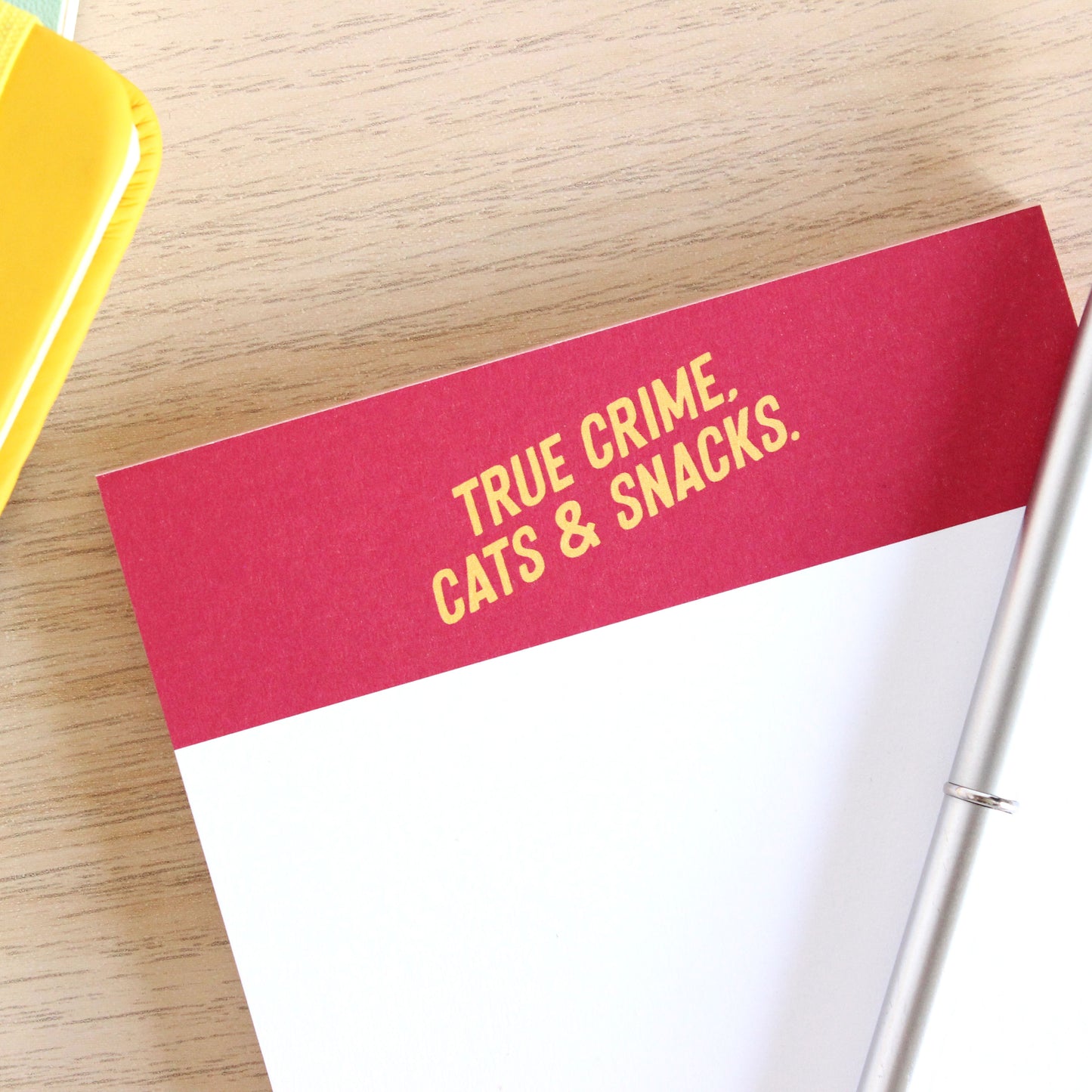 True crime, cats and snacks A6 notepad