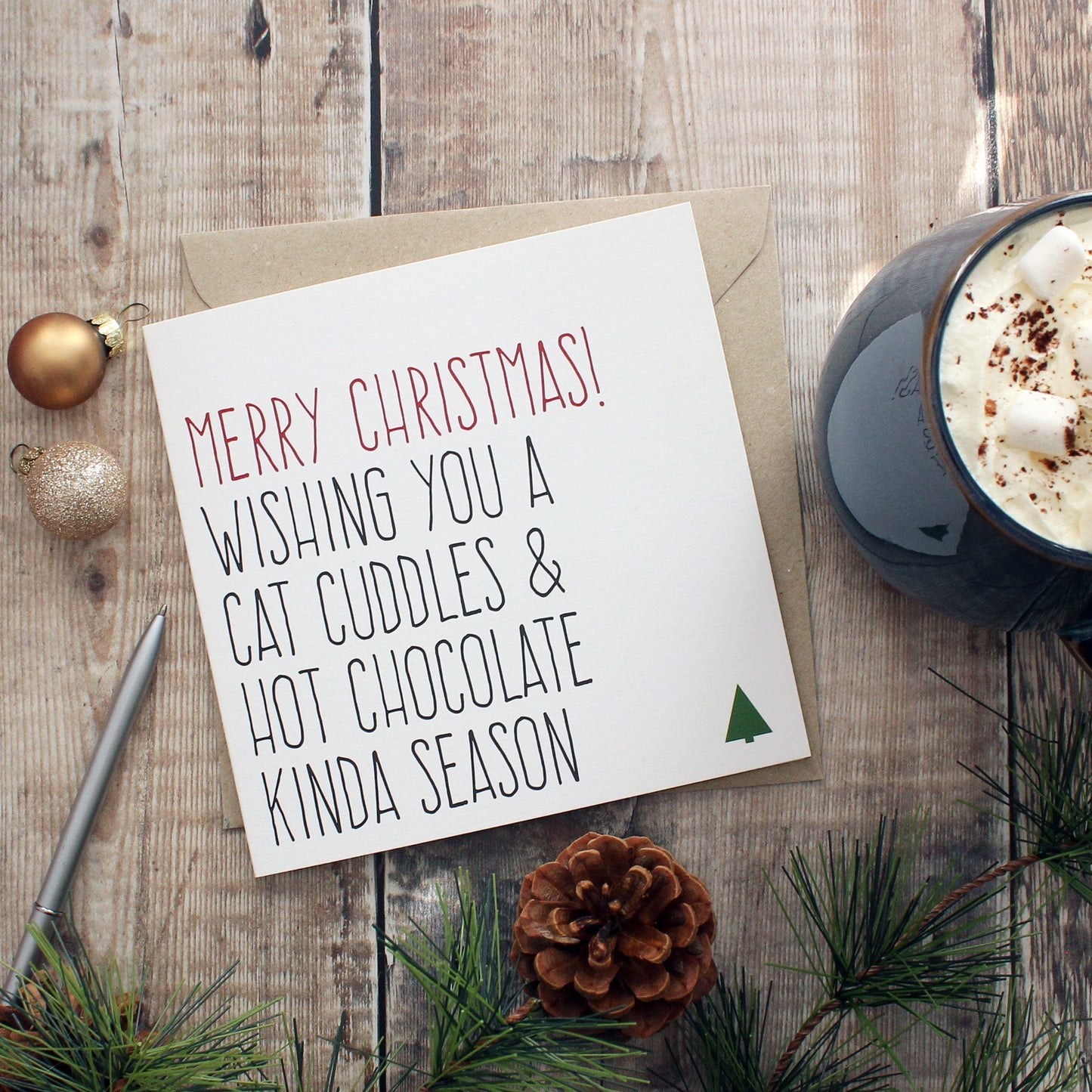 Cat cuddles and hot chocolate Christmas card from Purple Tree Designs