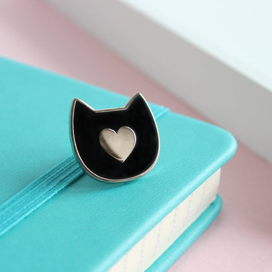 Cat with heart enamel pin badge from Purple Tree Designs