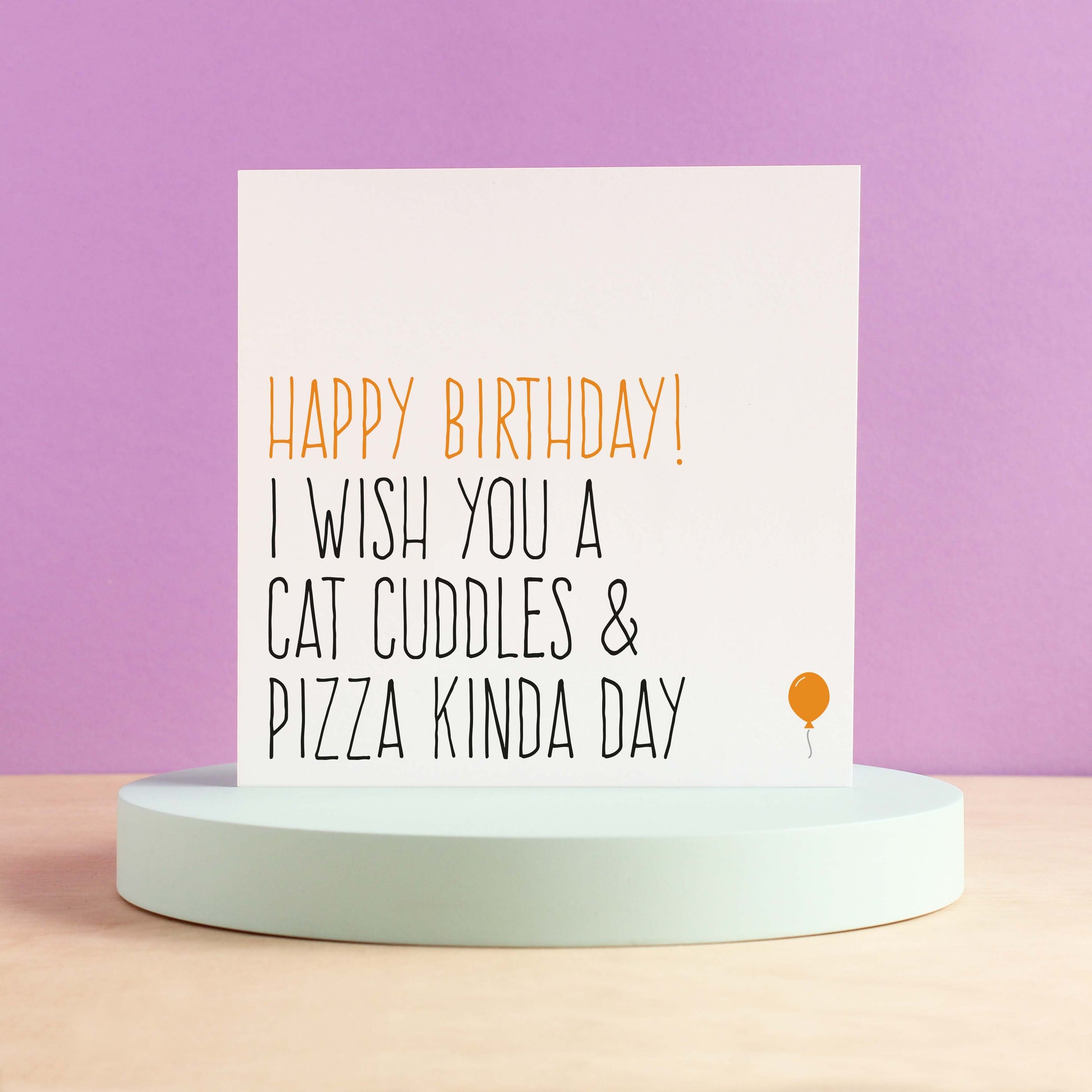 Cat cuddles and pizza birthday card from Purple Tree Designs