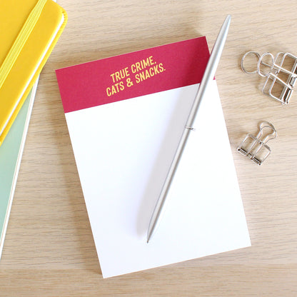 True crime, cats and snacks A6 notepad