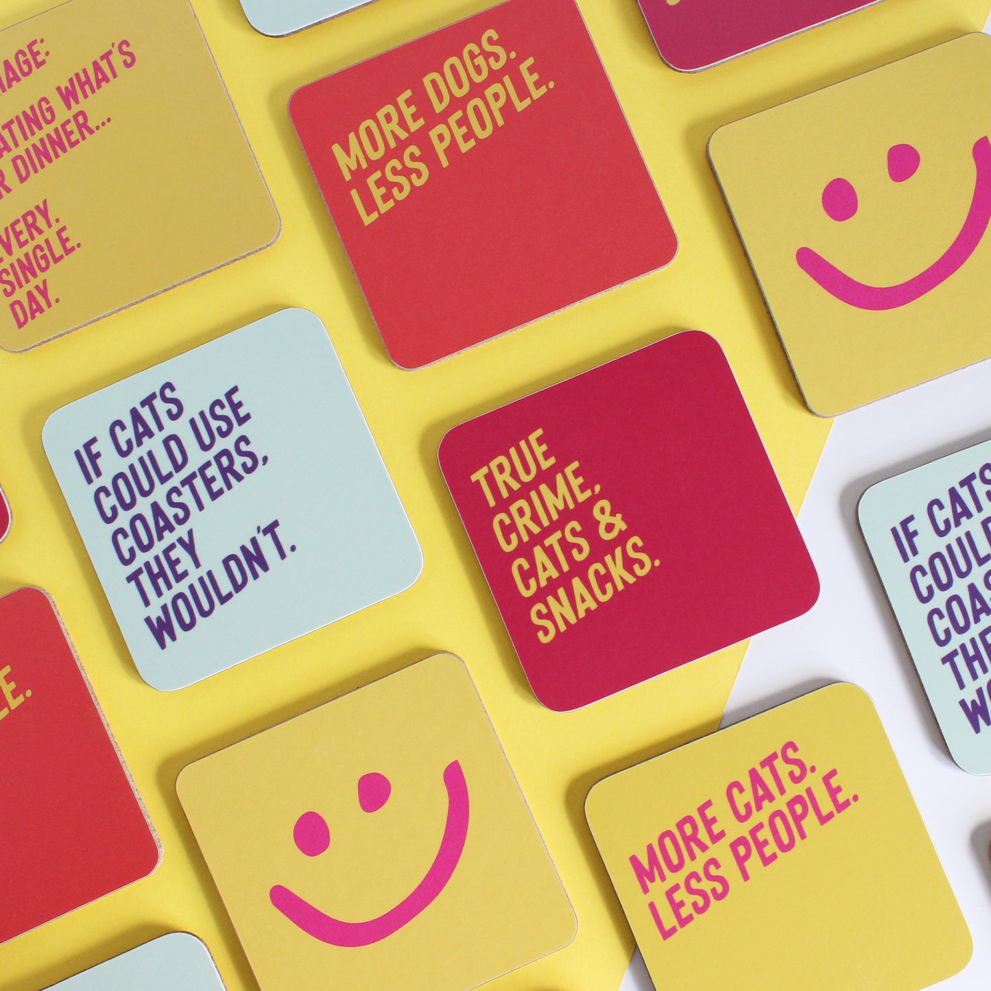 True crime, cats and snacks coaster