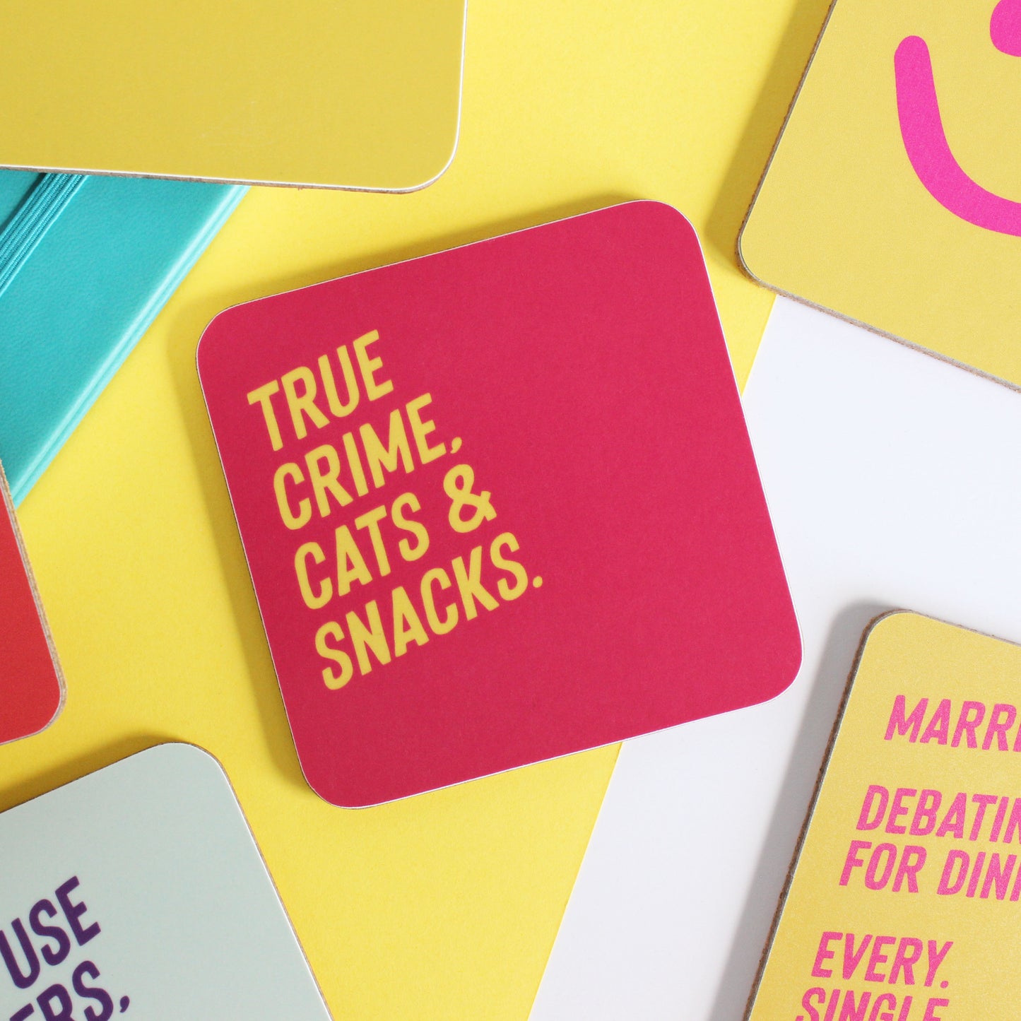 True crime, cats and snacks coaster