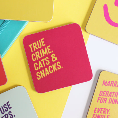 True crime, cats and snacks coaster