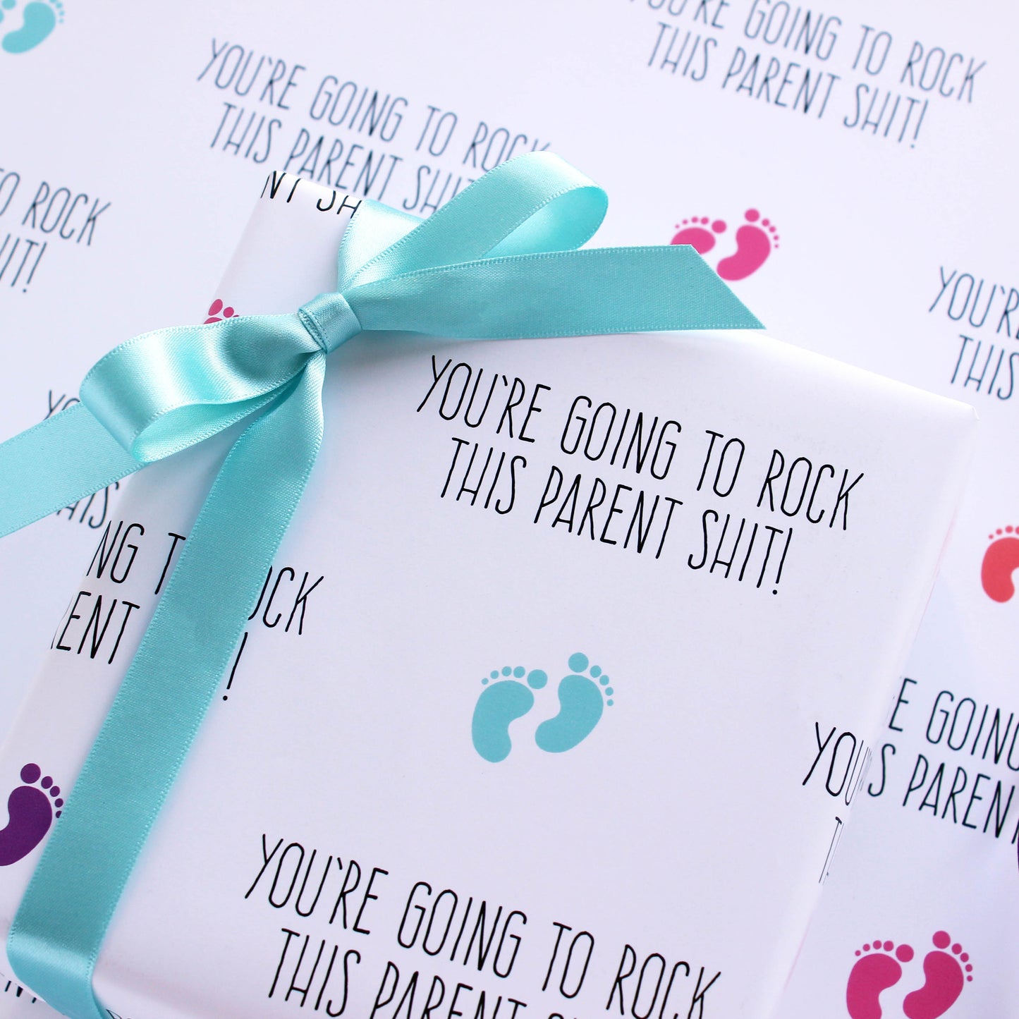 Rock this parent shit new baby wrapping paper + gift tag