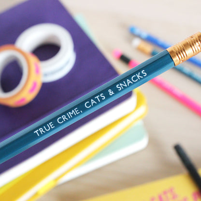 True crime, cats & snacks pencil