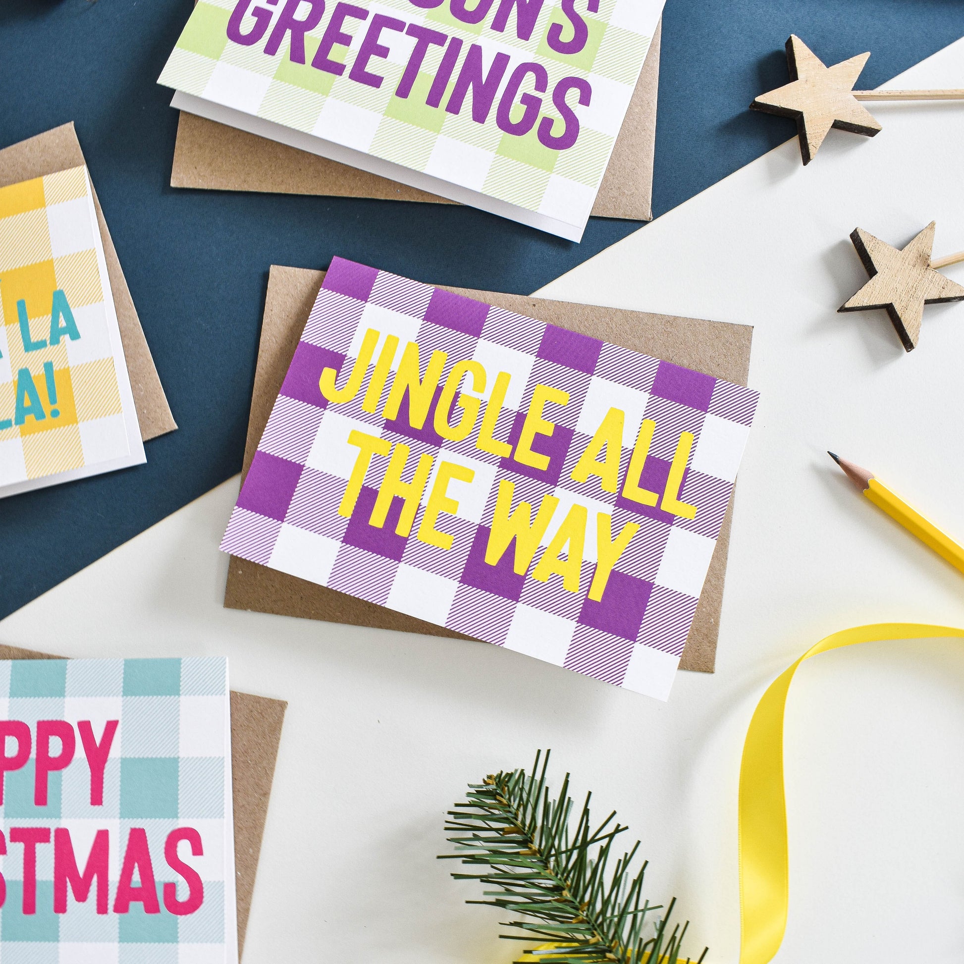 Jingle all the way gingham Christmas cards from Purple Tree Designs
