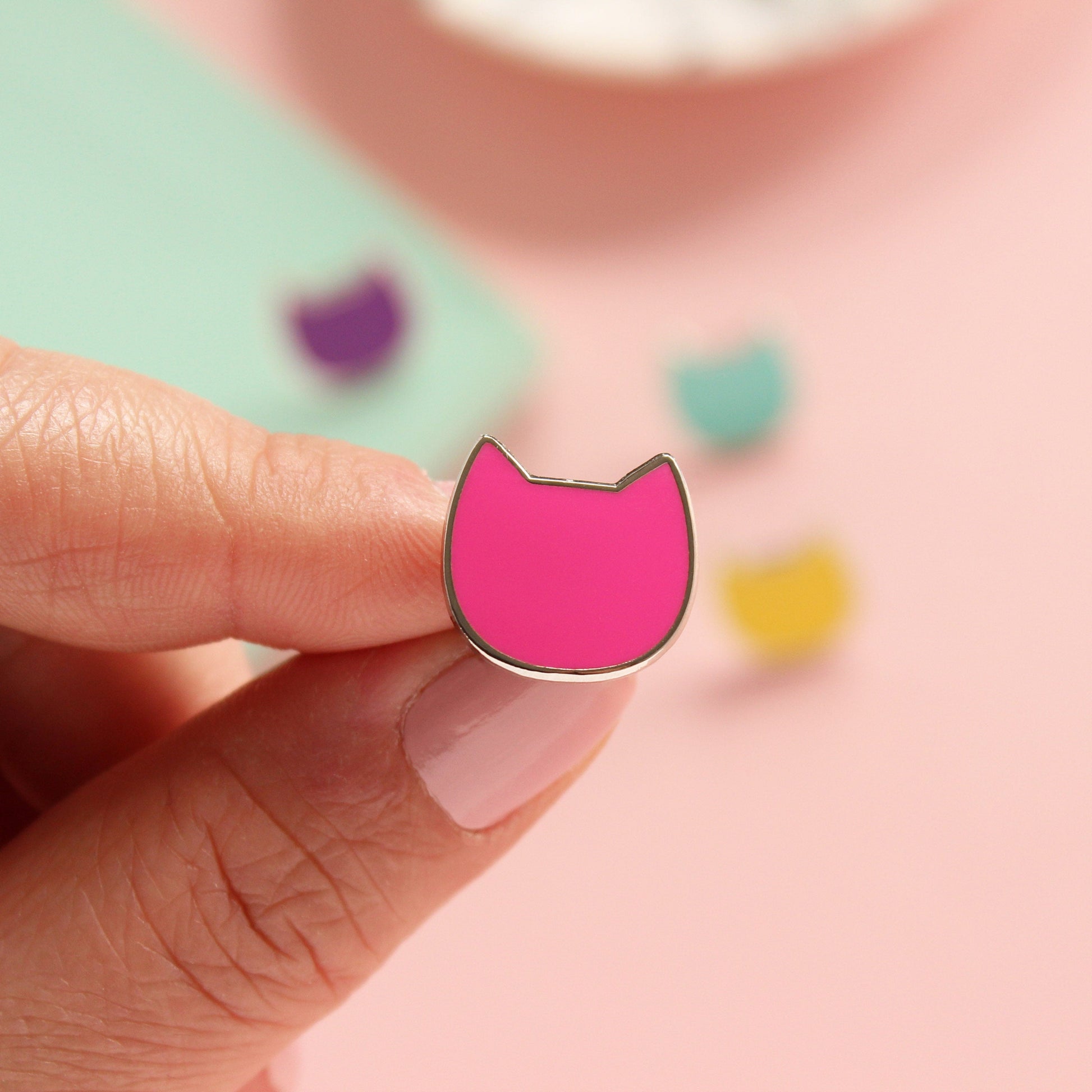 Pink mini cat pin badge from Purple Tree Designs
