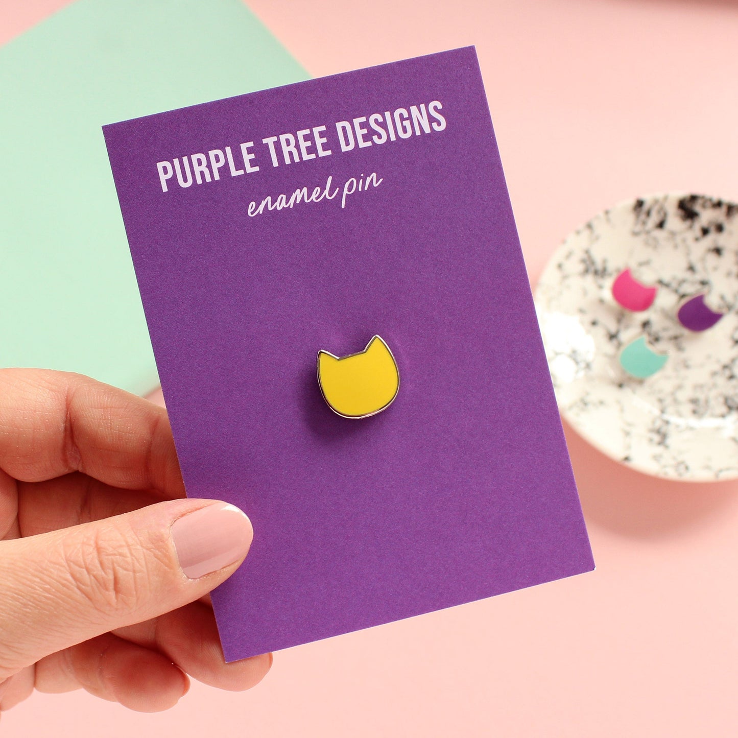 Yellow mini cat pin badge from Purple Tree Designs