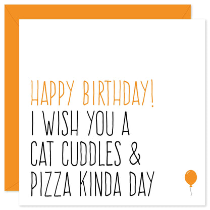 Cat cuddles and pizza birthday card from Purple Tree Designs