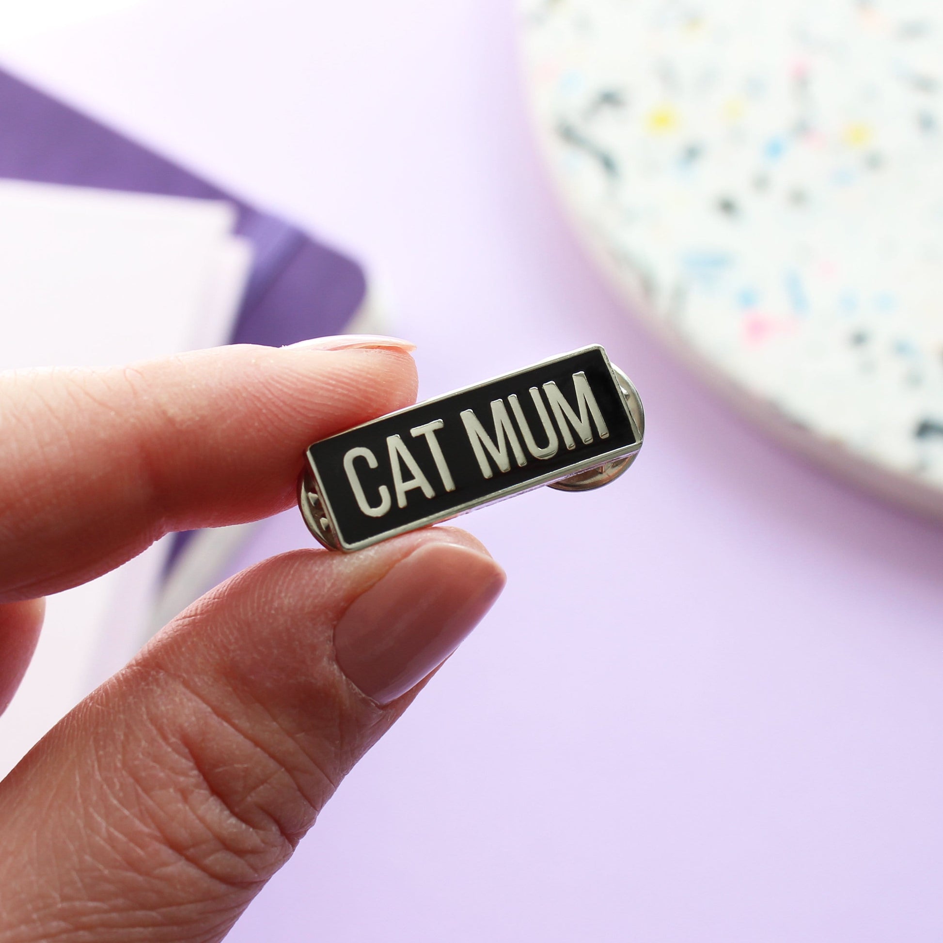 Cat mum enamel pin badge from Purple Tree Designs