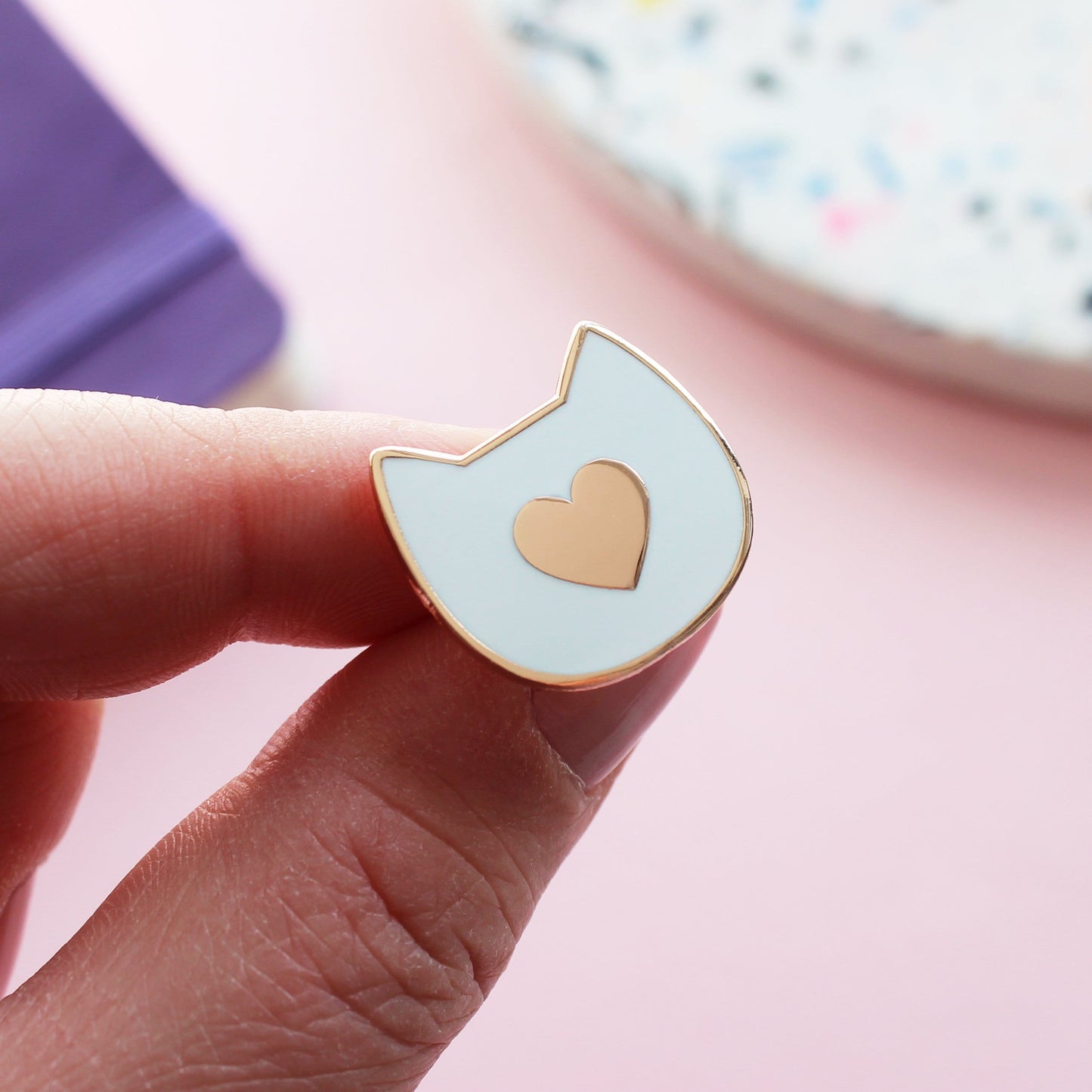 Cat with heart enamel pin badge from Purple Tree Designs